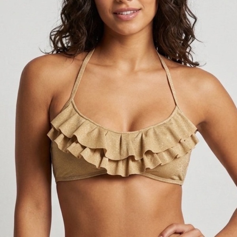 Aerie Gold Metallic Ruffle Halter Bikini Top Shimmer Swimwear Small